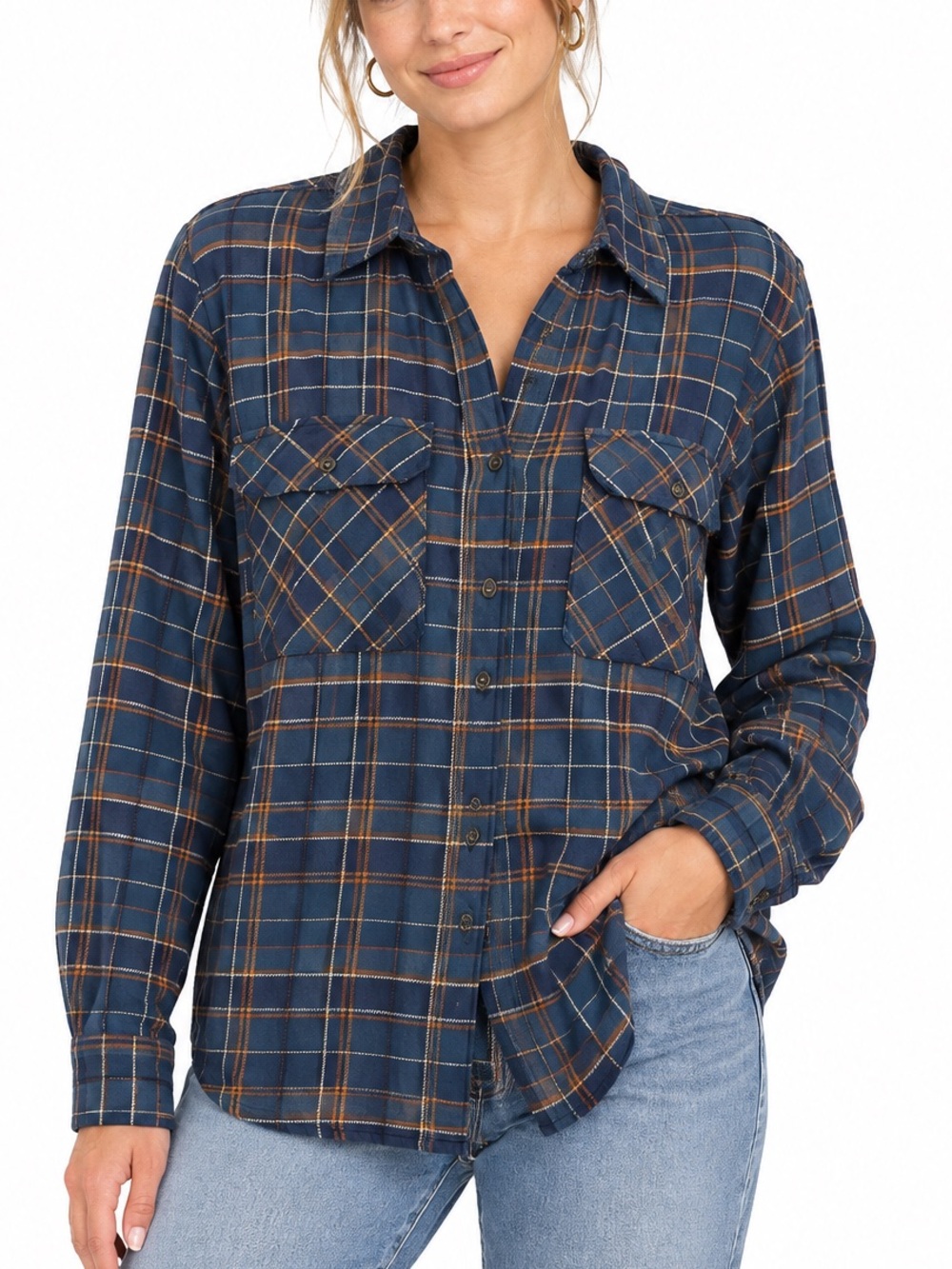 Women's Navy Plaid Button-Down Shirt